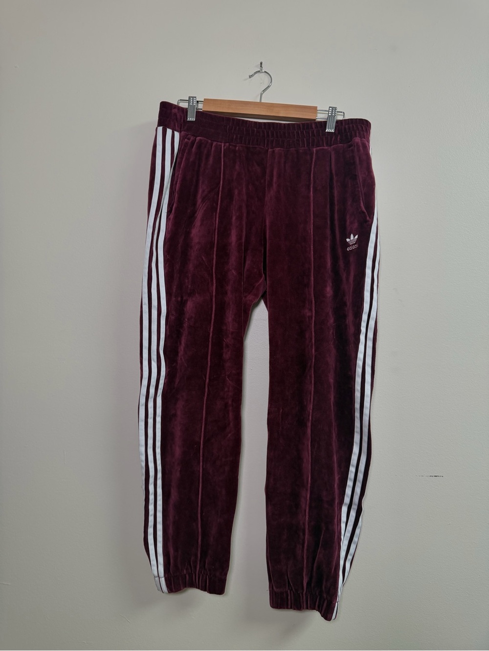 adidas Kids Maroon Velour Track Pants with White Stripes